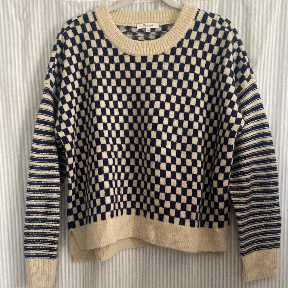 Madewell Navy and Cream Checkered Sweater NWT